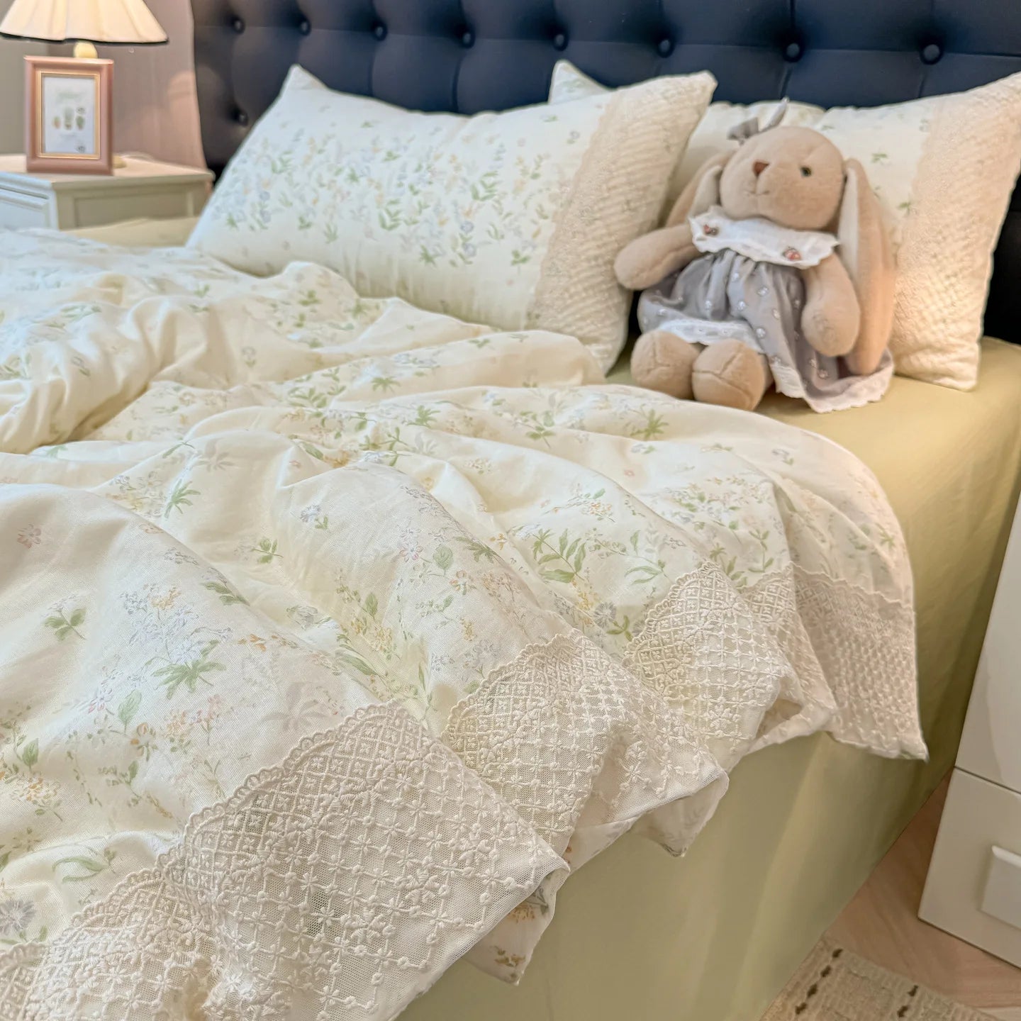 3/4Pcs Bedding Set French Floral Lace Trim Boiled Cotton Bed Linen Summer Cooling Duvet Cover Single Double Bed Full-Size