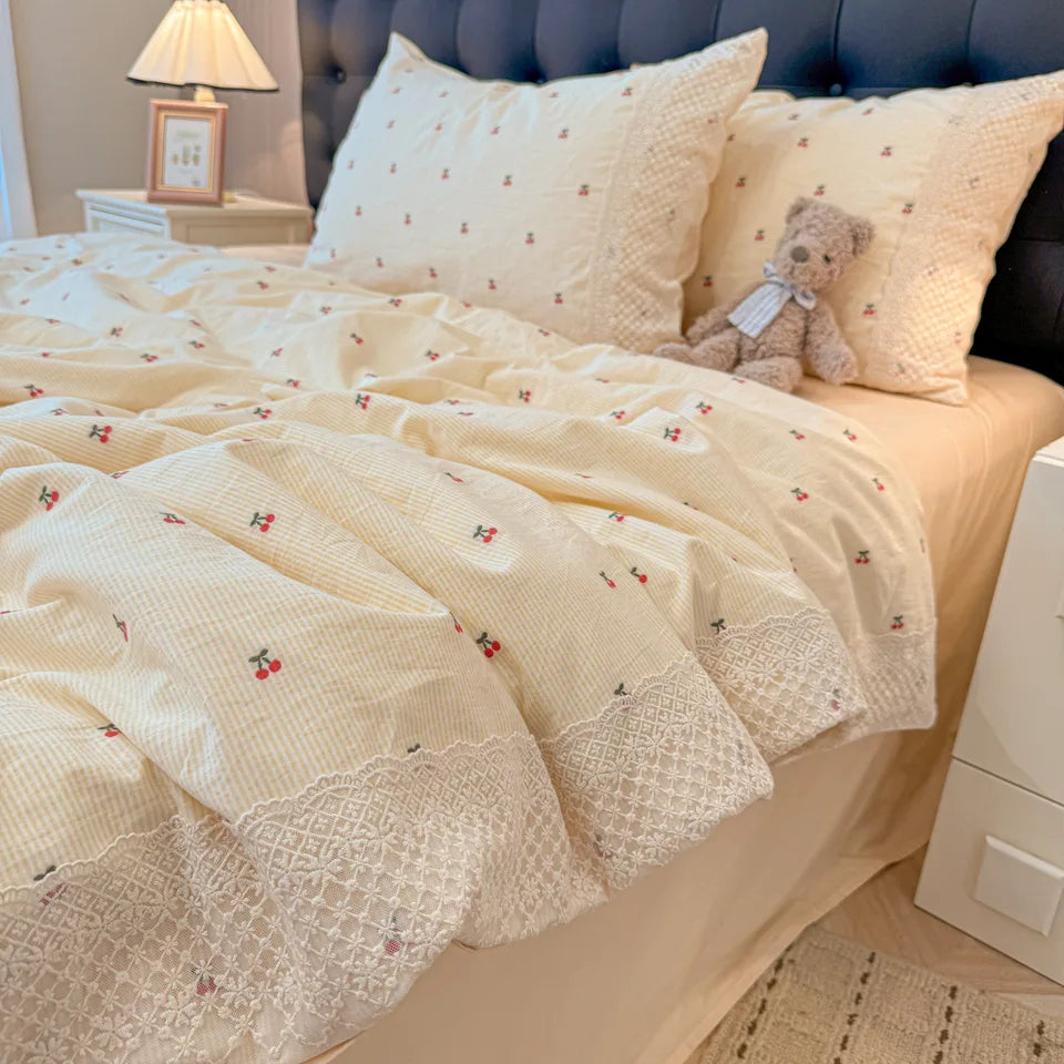 3/4Pcs Bedding Set French Floral Lace Trim Boiled Cotton Bed Linen Summer Cooling Duvet Cover Single Double Bed Full-Size