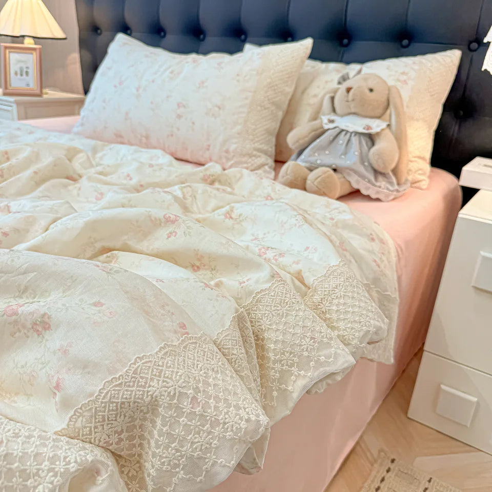 3/4Pcs Bedding Set French Floral Lace Trim Boiled Cotton Bed Linen Summer Cooling Duvet Cover Single Double Bed Full-Size