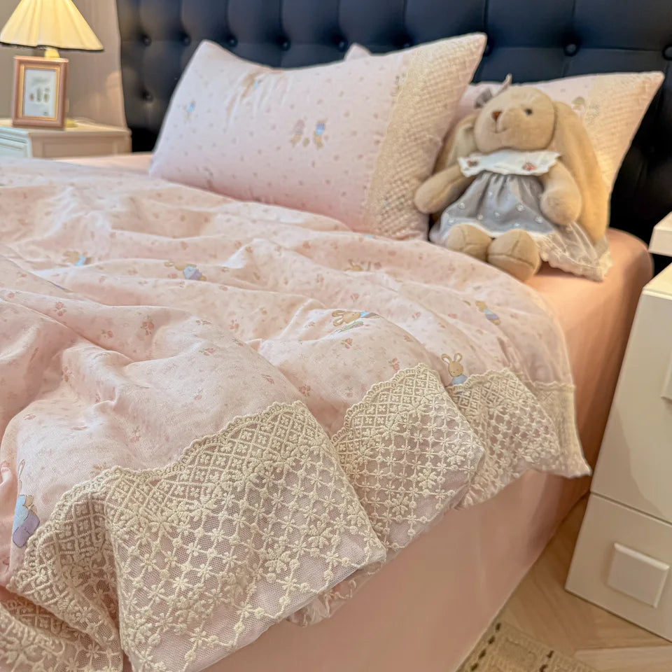 3/4Pcs Bedding Set French Floral Lace Trim Boiled Cotton Bed Linen Summer Cooling Duvet Cover Single Double Bed Full-Size
