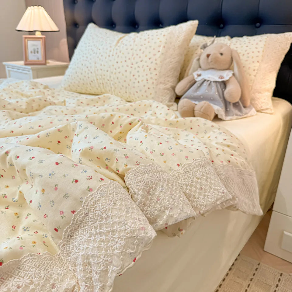 3/4Pcs Bedding Set French Floral Lace Trim Boiled Cotton Bed Linen Summer Cooling Duvet Cover Single Double Bed Full-Size