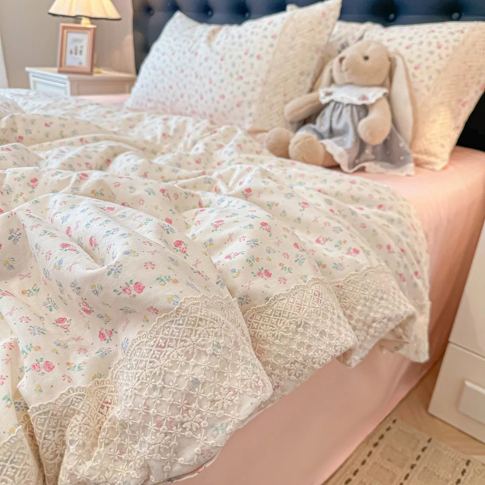 3/4Pcs Bedding Set French Floral Lace Trim Boiled Cotton Bed Linen Summer Cooling Duvet Cover Single Double Bed Full-Size