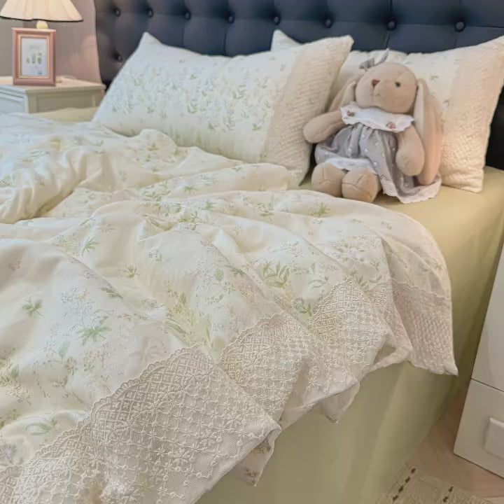 3/4Pcs Bedding Set French Floral Lace Trim Boiled Cotton Bed Linen Summer Cooling Duvet Cover Single Double Bed Full-Size